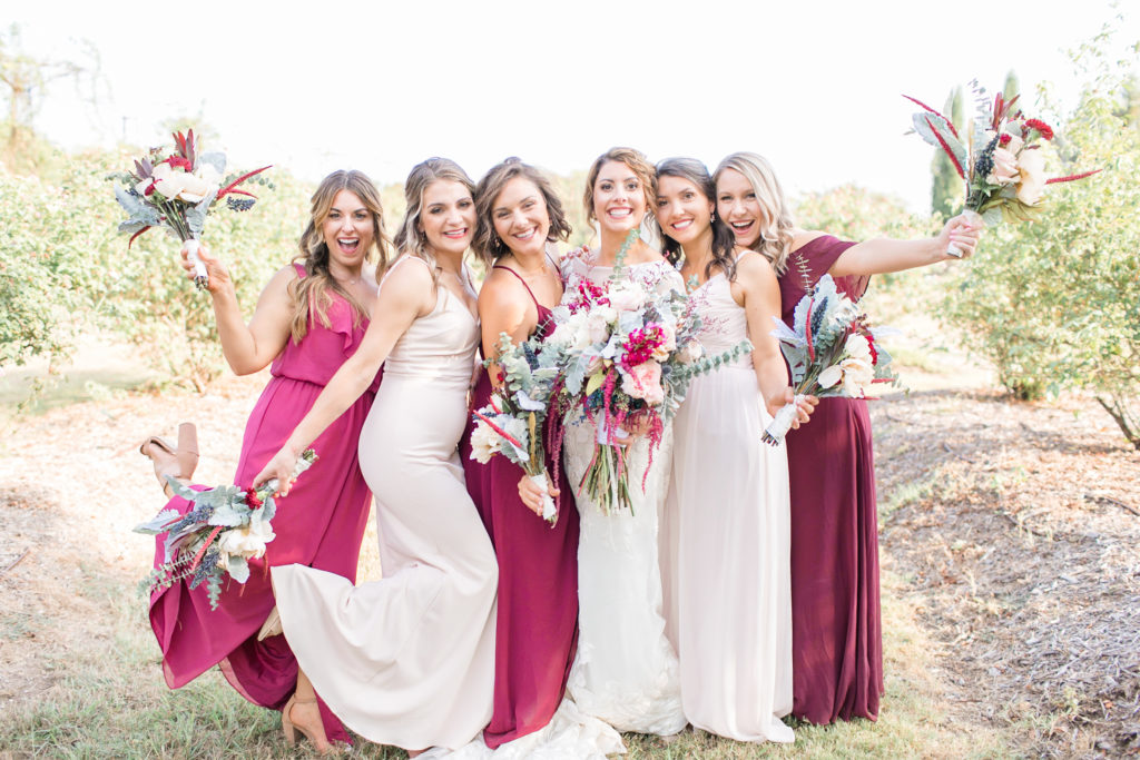 Chandlers gardens wedding, maroon and blush bridesmaid dresses